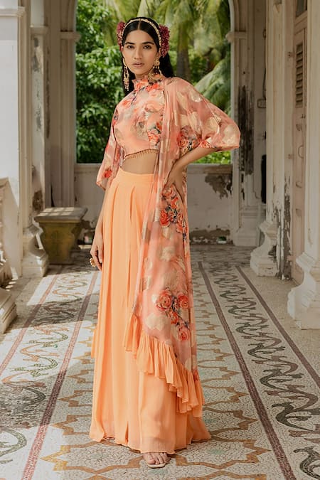 Buy_Amrin Khan_Peach Georgette Print And Embroidery Floral Jacket And Pleated Pant Set  _Online_at_Aza_Fashions