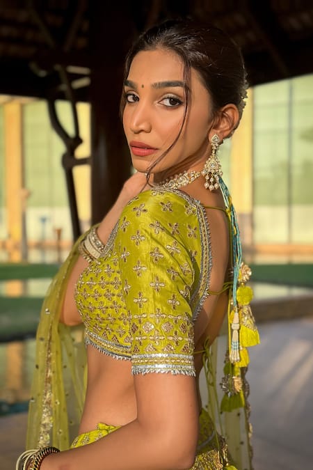 Shop_Gopi Vaid_Green Tussar, Organza Gota Patti, Embroidery, Tassels Shahi Silk Lehenga Set _Online_at_Aza_Fashions