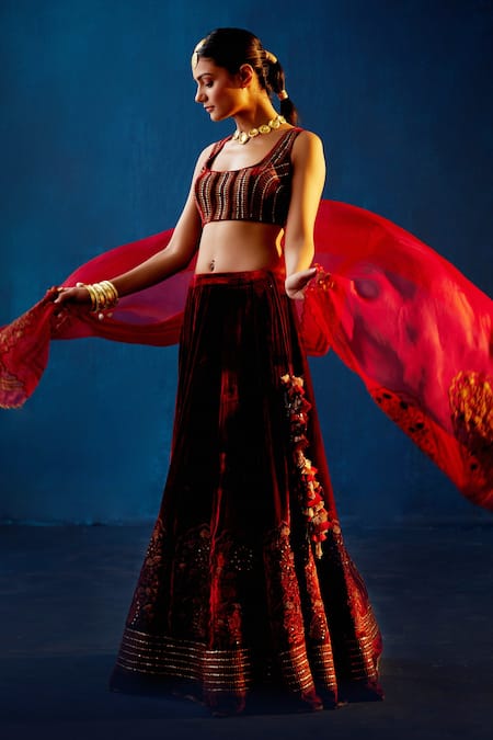 Devnaagri Zari Embroidered Velvet Bridal Lehenga Set 