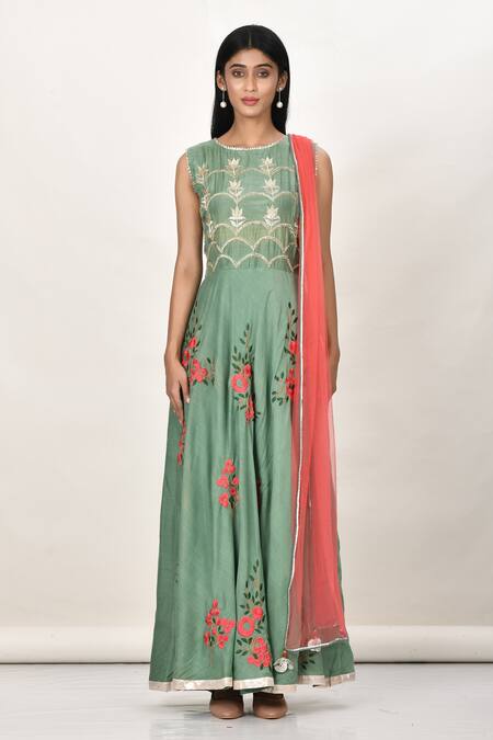 Khwaab By Sanjana Lakhani_Green Floral Embroidered Anarkali Pant Set_Online_at_Aza_Fashions