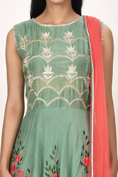 Buy_Khwaab By Sanjana Lakhani_Green Floral Embroidered Anarkali Pant Set_Online_at_Aza_Fashions
