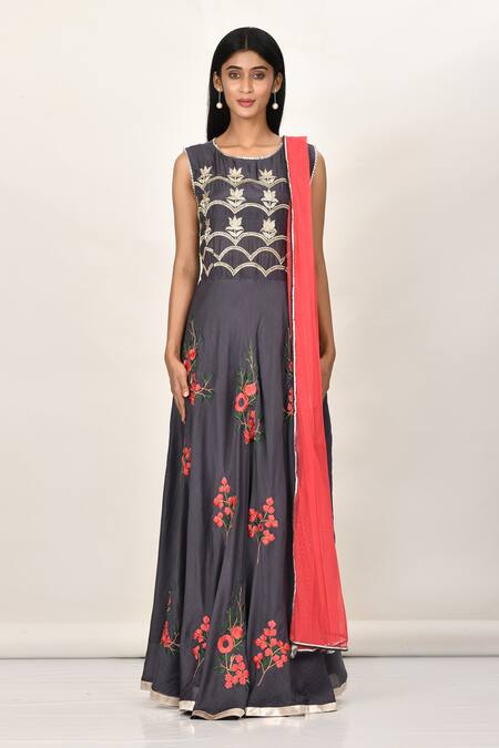 Naintara Bajaj_Gray , Satin, Net Embroidery, Tassels Round Floral Anarkali Set_Online_at_Aza_Fashions