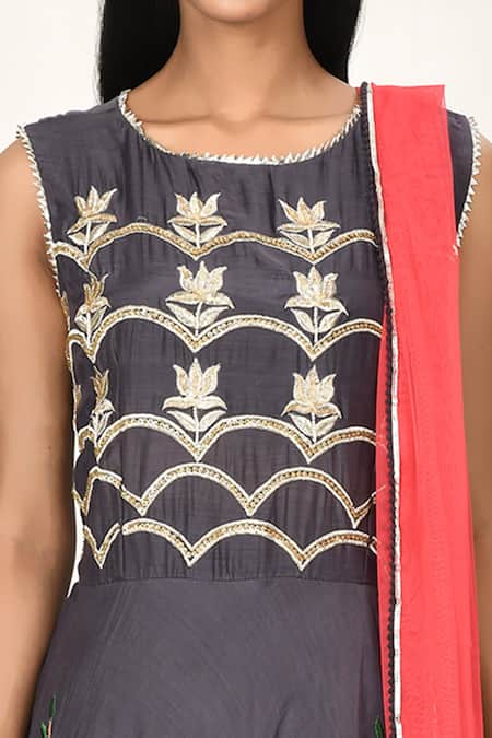 Buy_Naintara Bajaj_Gray , Satin, Net Embroidery, Tassels Round Floral Anarkali Set_Online_at_Aza_Fashions