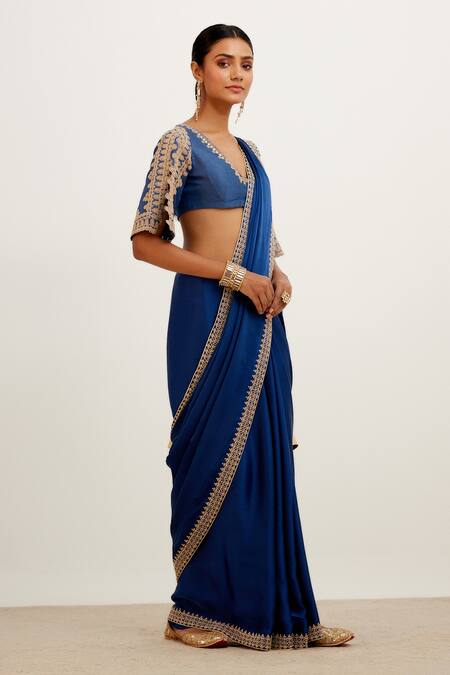 Buy_Devnaagri_Blue Silk Satin And Chanderi Dori Square Neck Embroidered Saree With Blouse _Online_at_Aza_Fashions