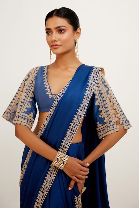 Shop_Devnaagri_Blue Silk Satin And Chanderi Dori Square Neck Embroidered Saree With Blouse _Online_at_Aza_Fashions