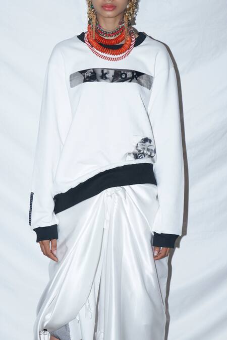 Buy_AK-OK_White Cotton Jersey Patchwork Sweatshirt_Online_at_Aza_Fashions