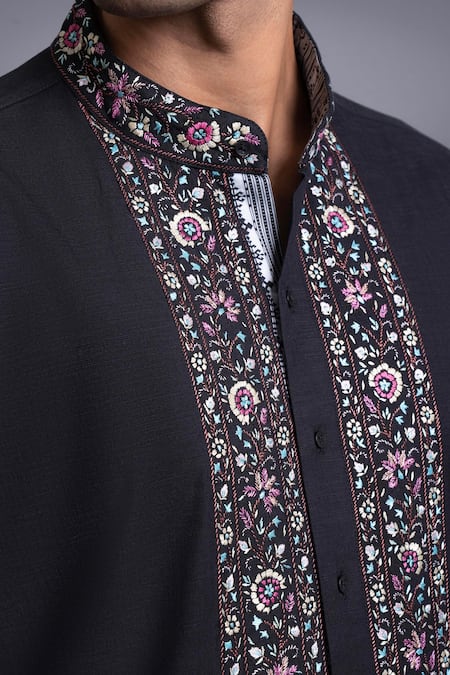 Buy_Raghavendra Rathore Jodhpur_Black Cotton Thread Floral Embroidered Kurta_Online_at_Aza_Fashions