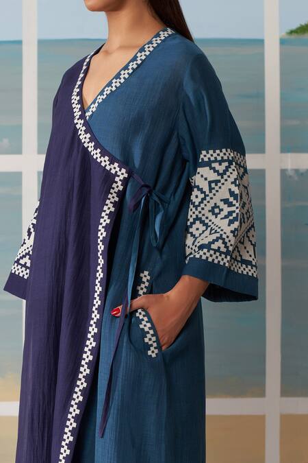 Buy_Ikai By Ragini Ahuja_Blue Thin Chanderi V Neck Colorblock Angarkha_Online_at_Aza_Fashions