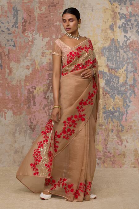 Devnaagri_Beige Silk Organza, Gajji V Neck Saree With Blouse _Online_at_Aza_Fashions