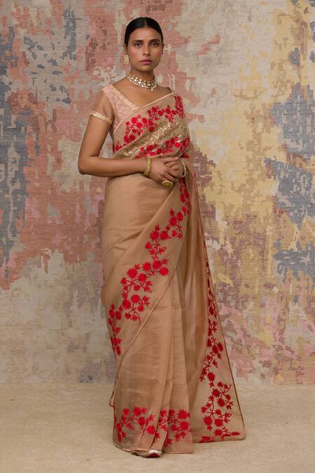 Buy_Devnaagri_Beige Silk Organza, Gajji V Neck Saree With Blouse _Online_at_Aza_Fashions