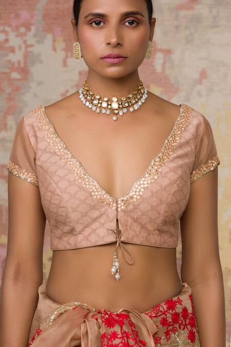 Shop_Devnaagri_Beige Silk Organza, Gajji V Neck Saree With Blouse _Online_at_Aza_Fashions