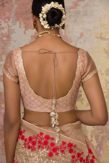 Devnaagri_Beige Silk Organza, Gajji V Neck Saree With Blouse _at_Aza_Fashions