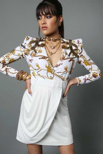 House Of Three_White Cotton Linen, Liva Viscose Nalki Work V Neck Embellished Printed Dress _Online_at_Aza_Fashions