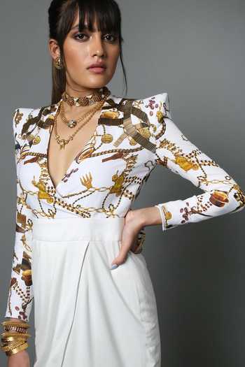 Buy_House Of Three_White Cotton Linen, Liva Viscose Nalki Work V Neck Embellished Printed Dress _Online_at_Aza_Fashions