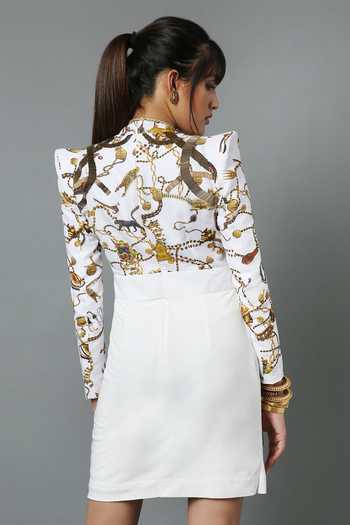 Shop_House Of Three_White Cotton Linen, Liva Viscose Nalki Work V Neck Embellished Printed Dress _Online_at_Aza_Fashions