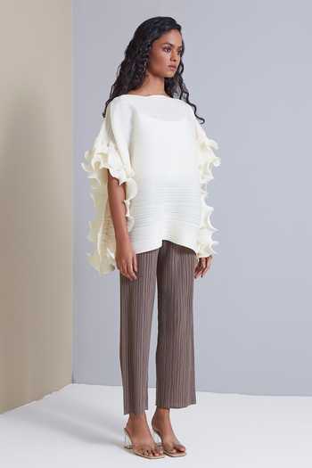 Scarlet Sage_Cream 100% Polyester Straight Faye Pleated Ruffle Sleeve Top_Online_at_Aza_Fashions