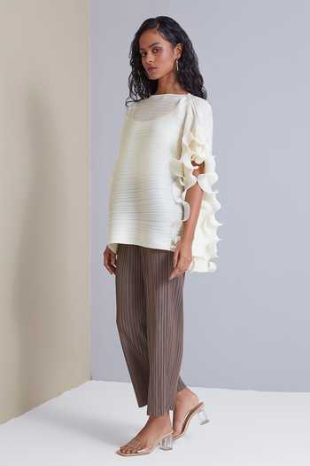 Buy_Scarlet Sage_Cream 100% Polyester Straight Faye Pleated Ruffle Sleeve Top_Online_at_Aza_Fashions