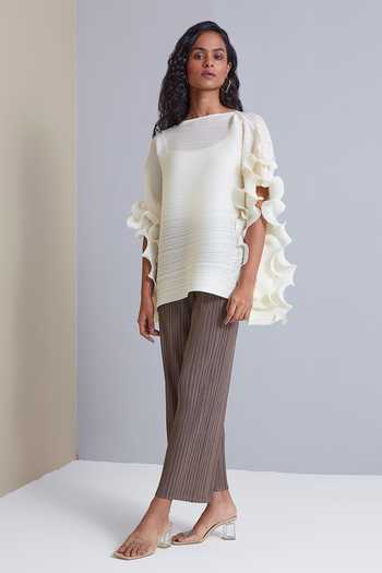 Shop_Scarlet Sage_Cream 100% Polyester Straight Faye Pleated Ruffle Sleeve Top_Online_at_Aza_Fashions