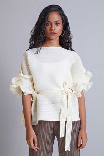 Scarlet Sage_Cream 100% Polyester Straight Faye Pleated Ruffle Sleeve Top_at_Aza_Fashions