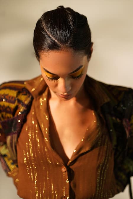 Buy_Nikita Mhaisalkar_Brown Lurex, Georgette Embroidery Collared Geometric Print Shirt _Online_at_Aza_Fashions