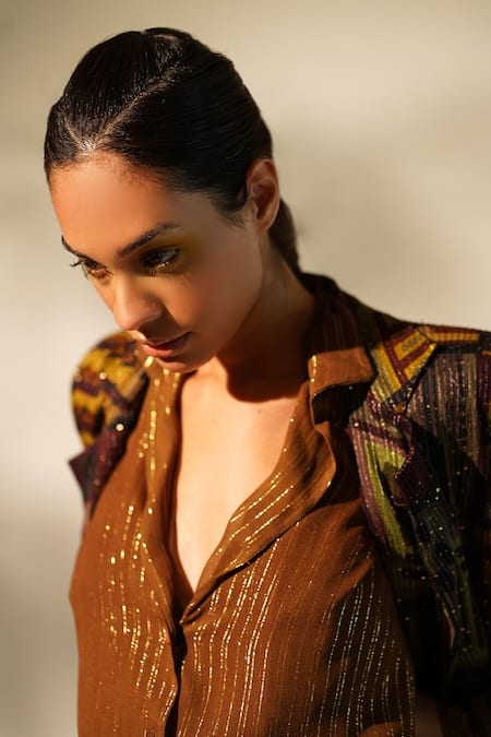 Shop_Nikita Mhaisalkar_Brown Lurex, Georgette Embroidery Collared Geometric Print Shirt _Online_at_Aza_Fashions
