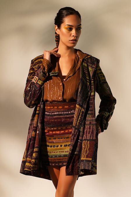 Buy_Nikita Mhaisalkar_Multi Color Georgette Sequins, Embroidery Open Neck Abstract Print Trench Coat _Online_at_Aza_Fashions