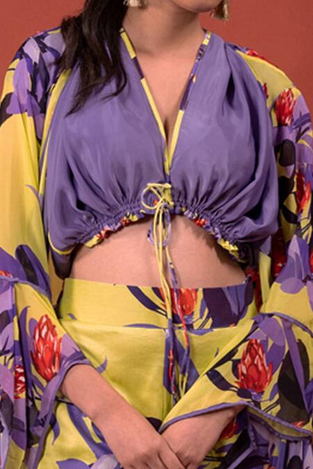 Rimi Nayak_Purple Modal V-neck Drawstring Detailed Crop Top _Online_at_Aza_Fashions