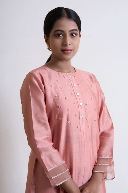 Brij_Pink Chanderi Silk, Spandex Pearls, Applique Potli Detailed Kurta And Pant Set _Online_at_Aza_Fashions