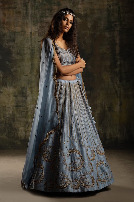 Buy Mona And Vishu Blue Lehenga And Blouse Dupion Silk Dupatta Linear Floral Embroidered Set Online at Aza Fashions Buy_Mona And Vishu_Blue Lehenga And Blouse Dupion Silk Dupatta Linear Floral Embroidered Set _Online_at_Aza_Fashions