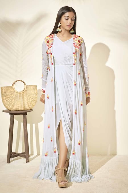 suruchi parakh Blue Georgette Lining Shantoon Embroidery Thread And Beads Jacket & Draped Dress
