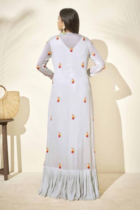 Shop Suruchi Parakh Blue Georgette Lining Shantoon Thread And Beads V Neck Jacket & Draped Dress at Aza Fashions Shop_Suruchi Parakh_Blue Georgette Lining Shantoon Thread And Beads V Neck Jacket & Draped Dress_at_Aza_Fashions