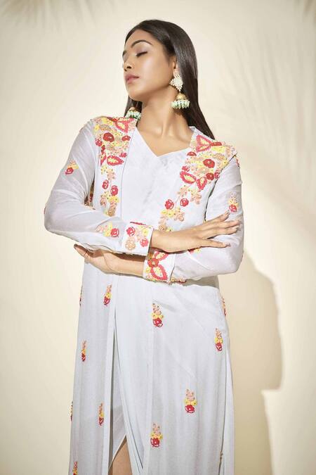 Suruchi Parakh Blue Georgette Lining Shantoon Thread And Beads V Neck Jacket & Draped Dress Online at Aza Fashions Suruchi Parakh_Blue Georgette Lining Shantoon Thread And Beads V Neck Jacket & Draped Dress_Online_at_Aza_Fashions