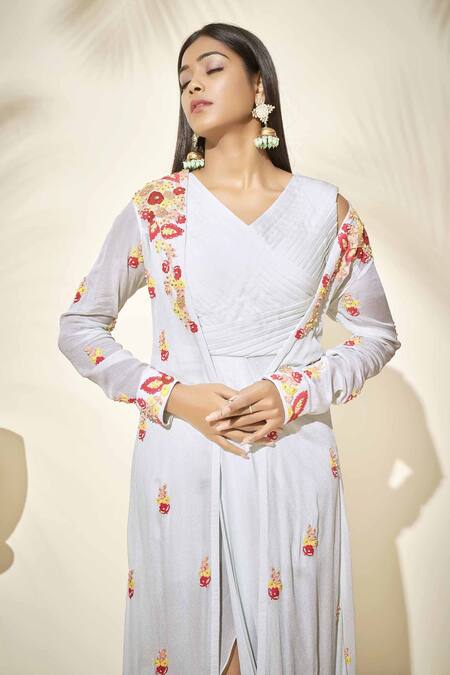Buy Suruchi Parakh Blue Georgette Lining Shantoon Thread And Beads V Neck Jacket & Draped Dress Online at Aza Fashions Buy_Suruchi Parakh_Blue Georgette Lining Shantoon Thread And Beads V Neck Jacket & Draped Dress_Online_at_Aza_Fashions