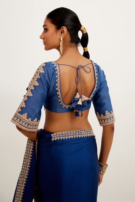 Devnaagri_Blue Silk Satin And Chanderi Dori Square Neck Embroidered Saree With Blouse _at_Aza_Fashions