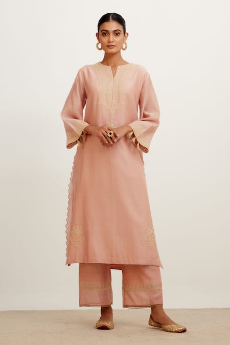 Devnaagri Pink Chanderi And Organza Dori, Sequins Embroidered Straight Kurta Palazzo Set Online at Aza Fashions Devnaagri_Pink Chanderi And Organza Dori, Sequins Embroidered Straight Kurta Palazzo Set _Online_at_Aza_Fashions
