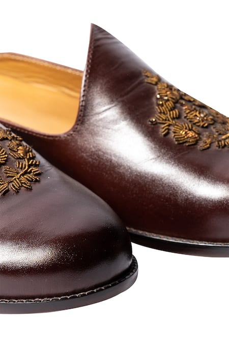 Shop_Artimen_Brown Leather Handcrafted Embroidered Mules _Online_at_Aza_Fashions