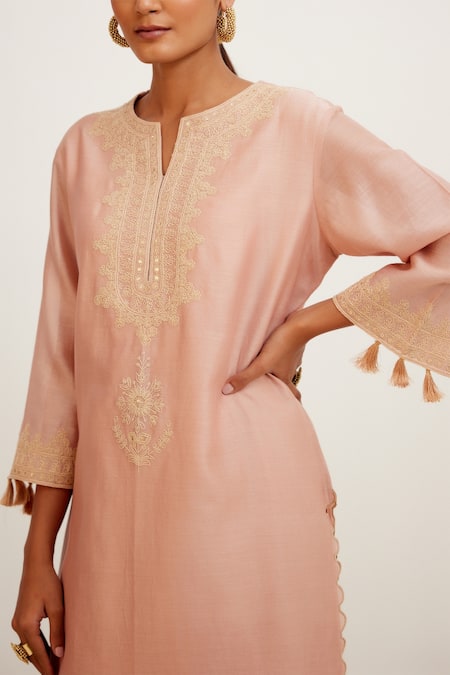 Shop Devnaagri Pink Chanderi And Organza Dori, Sequins Embroidered Straight Kurta Palazzo Set Online at Aza Fashions Shop_Devnaagri_Pink Chanderi And Organza Dori, Sequins Embroidered Straight Kurta Palazzo Set _Online_at_Aza_Fashions