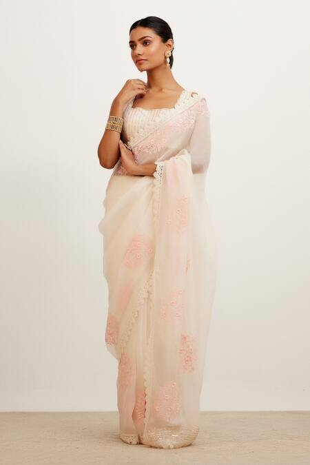 Devnaagri_Ivory Organza And Raw Resham, Sequins, Saree With Embroidered Blouse _Online_at_Aza_Fashions
