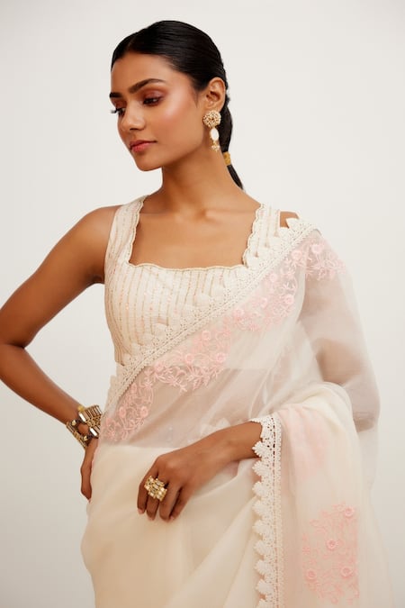 Buy_Devnaagri_Ivory Organza And Raw Resham, Sequins, Saree With Embroidered Blouse _Online_at_Aza_Fashions