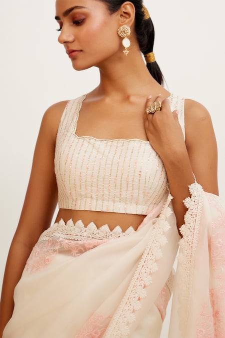 Shop_Devnaagri_Ivory Organza And Raw Resham, Sequins, Saree With Embroidered Blouse _Online_at_Aza_Fashions