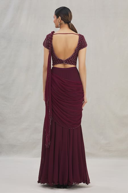 Shop Arpan Vohra Purple Georgette Round Pre-stitched Lehenga Saree With Blouse at Aza Fashions Shop_Arpan Vohra_Purple Georgette Round Pre-stitched Lehenga Saree With Blouse_at_Aza_Fashions