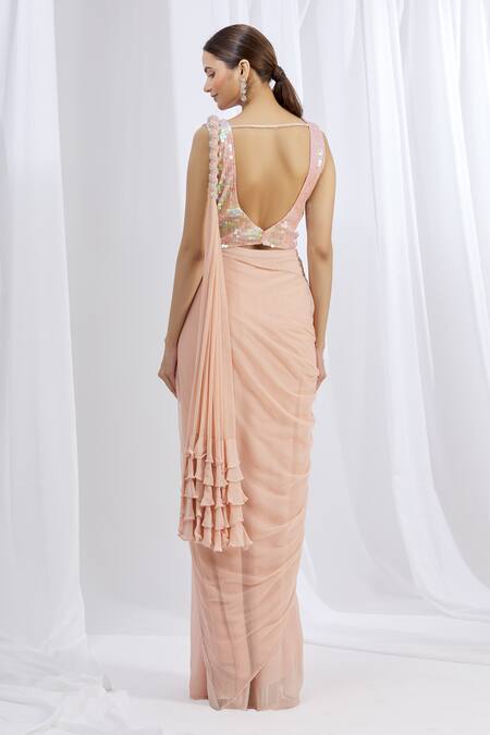 Shop Arpan Vohra Peach Georgette Scoop Neck Embroidered Pre-draped Saree at Aza Fashions Shop_Arpan Vohra_Peach Georgette Scoop Neck Embroidered Pre-draped Saree _at_Aza_Fashions