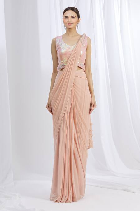 Buy Arpan Vohra Peach Georgette Scoop Neck Embroidered Pre-draped Saree Online at Aza Fashions Buy_Arpan Vohra_Peach Georgette Scoop Neck Embroidered Pre-draped Saree _Online_at_Aza_Fashions