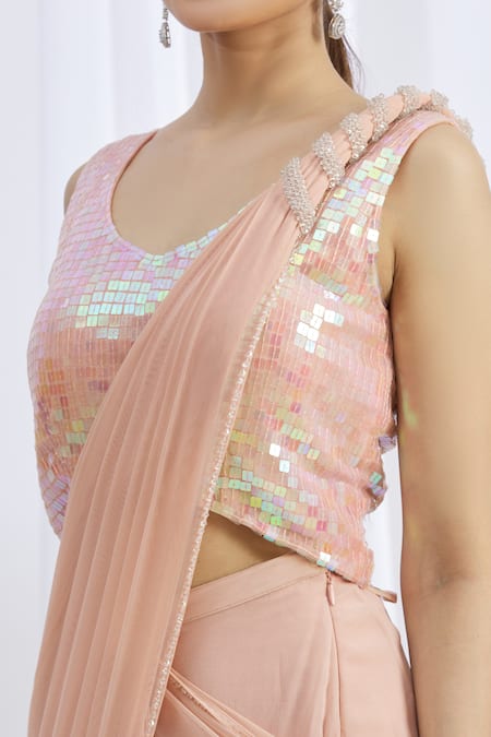 Arpan Vohra Peach Georgette Scoop Neck Embroidered Pre-draped Saree at Aza Fashions Arpan Vohra_Peach Georgette Scoop Neck Embroidered Pre-draped Saree _at_Aza_Fashions