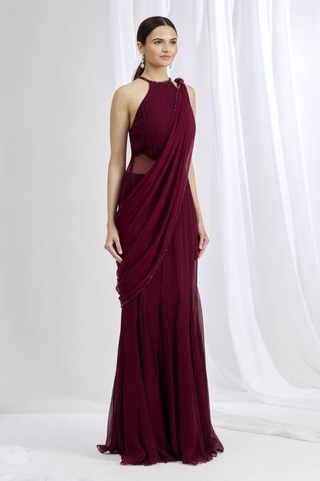 Arpan Vohra_Maroon Tulle, Georgette Halter Neck Embroidered Saree Gown _Online_at_Aza_Fashions