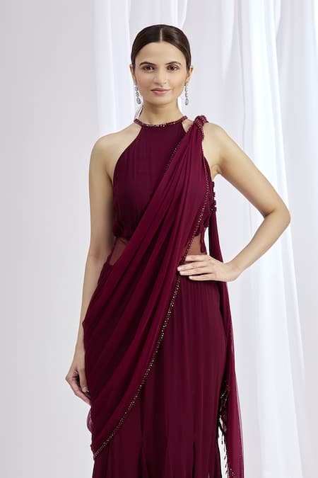 Buy_Arpan Vohra_Maroon Tulle, Georgette Halter Neck Embroidered Saree Gown _Online_at_Aza_Fashions