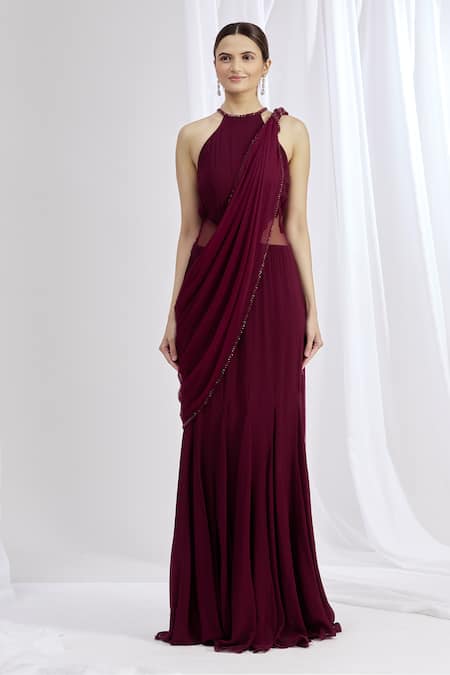 Shop_Arpan Vohra_Maroon Tulle, Georgette Halter Neck Embroidered Saree Gown _Online_at_Aza_Fashions