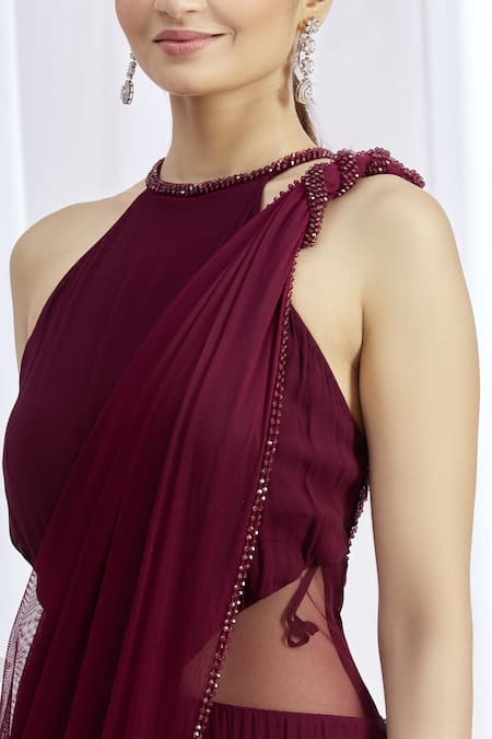 Arpan Vohra_Maroon Tulle, Georgette Halter Neck Embroidered Saree Gown _at_Aza_Fashions