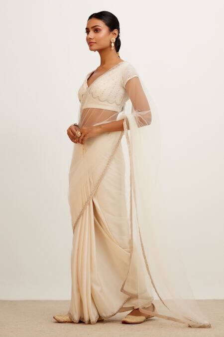 Devnaagri_Ivory Net, Silk Organza And Satin Cutdana V Sheer Saree With Embroidered Blouse _Online_at_Aza_Fashions