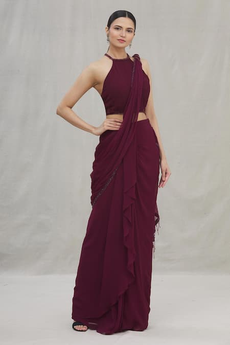 Buy_Arpan Vohra_Purple Georgette Round Pre-draped Saree With Blouse _Online_at_Aza_Fashions